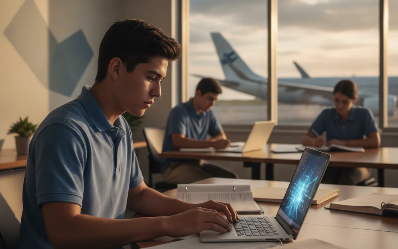 Estudiante internacional revisando documentos de admisión para estudiar aviación en Estados Unidos