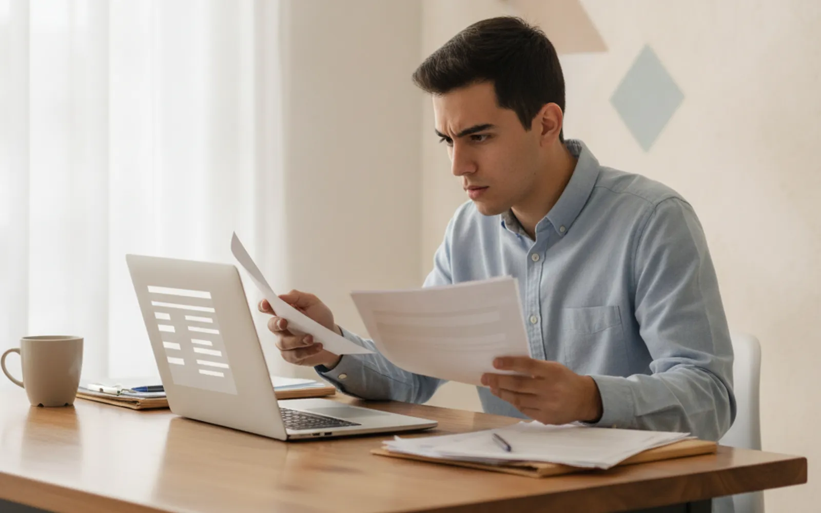 Latin American student reviewing F-1 visa documents next to a laptop in an aviation academic setting